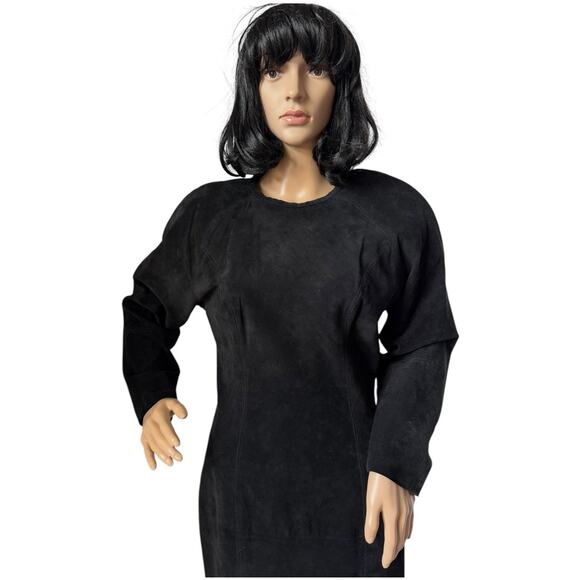 Vintage 80's Cedars Black Suede Batwing Sleeve round neck Midi Dress small - Picture 3 of 16